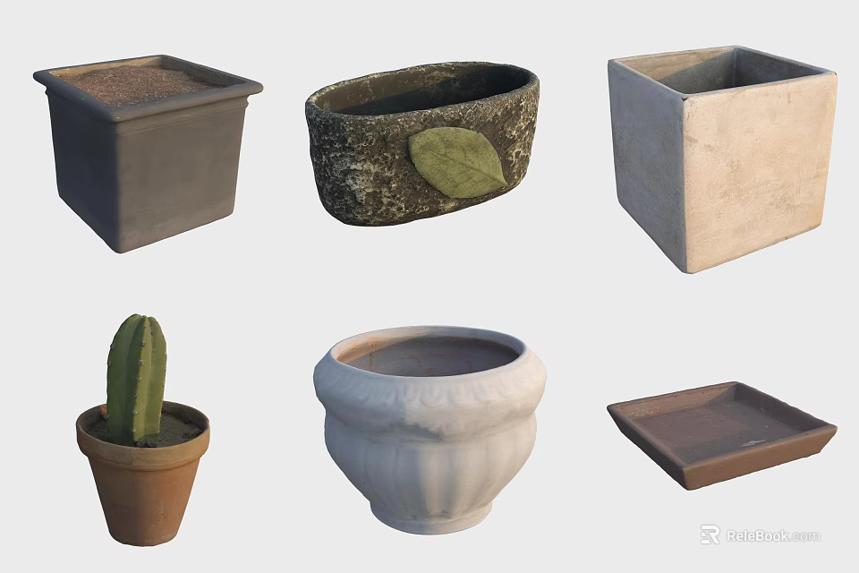 Various Shaped Flower Pots Including Square Oval Round And Ceramic Designs With Tray 3d model