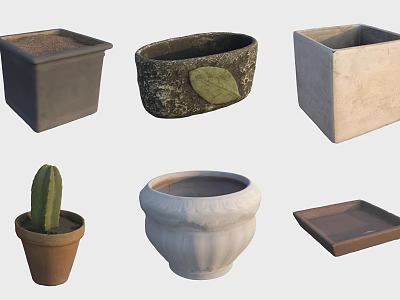 Various Shaped Flower Pots Including Square Oval Round And Ceramic Designs With Tray 3d model