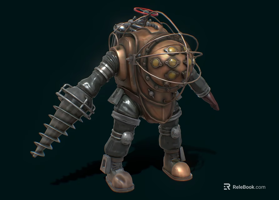 Vintage Style Mechanical Game Character With Spiked Arm And Helmet Lights 3d model 
