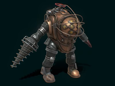 Vintage Style Mechanical Game Character With Spiked Arm And Helmet Lights 3d model