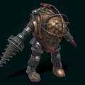 Vintage Style Mechanical Game Character With Spiked Arm And Helmet Lights