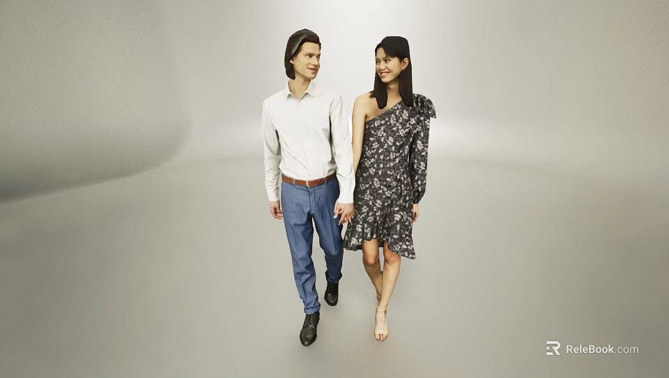 Two People Holding Hands Walking In Gray Background With White Shirt And Floral Dress 3d model 