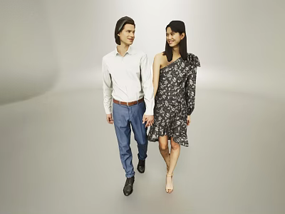 Two People Holding Hands Walking In Gray Background With White Shirt And Floral Dress 3d model