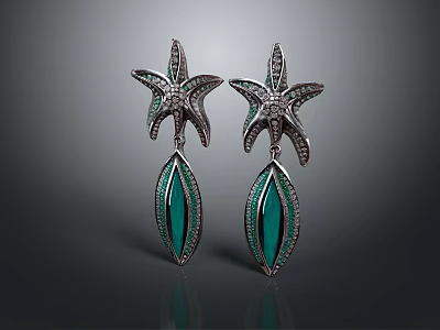 Elegant Starfish Shaped Earrings With Green Gemstones And Sparkling Diamonds Design 3d model