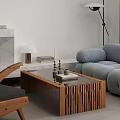 Modern Living Room With Gray Sofa Wooden Coffee Table Floor Lamp And Marble Fireplace