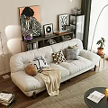Modern Beige Two Seater Sofa With Decorative Pillows Floor Lamp Green Plant And Wall Art