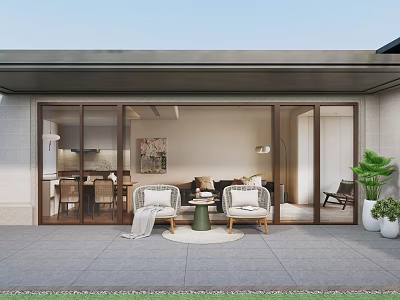 Comfortable Leisure Chairs On Modern Patio With Glass Doors And Side Table 3d model