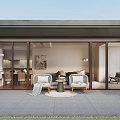 Comfortable Leisure Chairs On Modern Patio With Glass Doors And Side Table