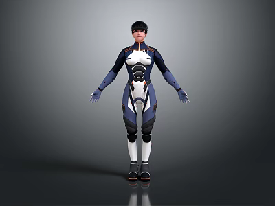 Human Character In Blue White Black Combat Suit With Helmet Standing On Gray Reflective Surface 3d model