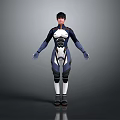 Human Character In Blue White Black Combat Suit With Helmet Standing On Gray Reflective Surface