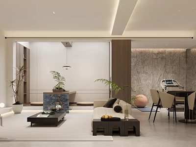 Modern Basement Seating Area With Sofa Coffee Table Green Plants And Soft Lighting 3d model