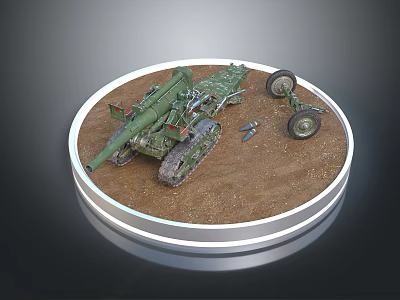 Detailed Artillery Weapon Model With Tracked Chassis Wheels Small Parts On Circular Sandy Base 3d model