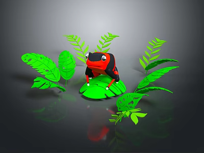 3D Render of Red and Black Reptile Surrounded by Green Leaves on Gray Background 3d model