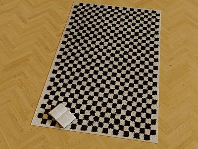 Modern Minimalist Square Carpet With Black And White Checkered Pattern On Wooden Herringbone Floor 3d model