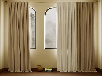 Beige and Light Brown Curtains for Arched Windows with Mountain View and Indoor Decor 3d model