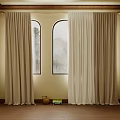 Beige and Light Brown Curtains for Arched Windows with Mountain View and Indoor Decor