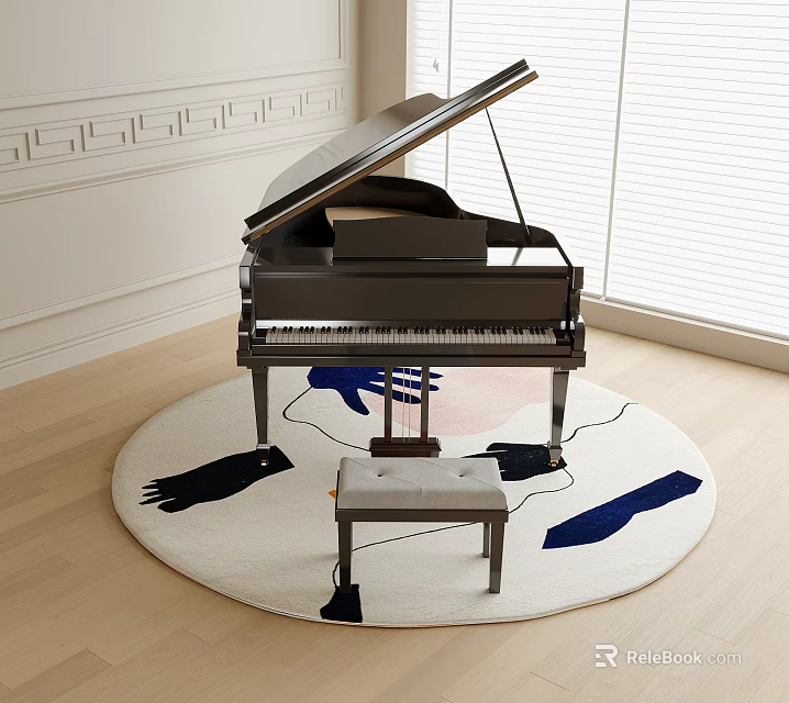 Elegant Piano Room with Black Grand Piano Open Lid Small Bench and Round Abstract Rug 3d model 