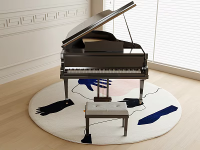 Elegant Piano Room with Black Grand Piano Open Lid Small Bench and Round Abstract Rug 3d model