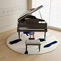 Elegant Piano Room with Black Grand Piano Open Lid Small Bench and Round Abstract Rug
