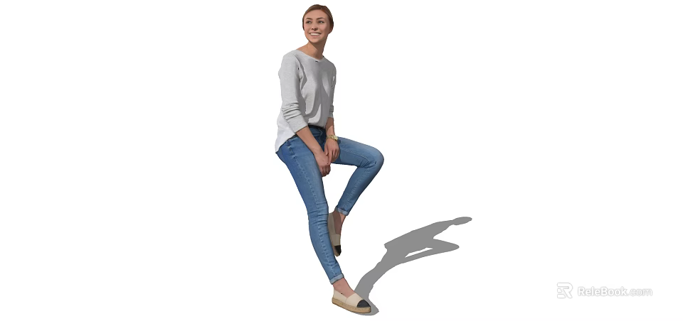Smiling Woman in Light Gray Sweater and Blue Jeans with One Leg Raised and Shadow 3d model 