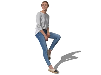Smiling Woman in Light Gray Sweater and Blue Jeans with One Leg Raised and Shadow 3d model