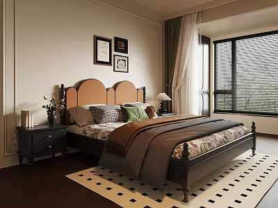 Classic Bedroom Interior With Brown Headboard Green Pillows And Black White Carpet 3d model