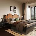 Classic Bedroom Interior With Brown Headboard Green Pillows And Black White Carpet
