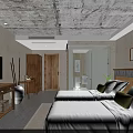 Warm Rustic Industrial Hotel Guest Room With Double Beds Handmade Wooden Furniture And Private Bathroom