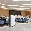 Modern Restaurant Interior With Wooden Walls Curved Partitions Round Tables And Gray Chairs
