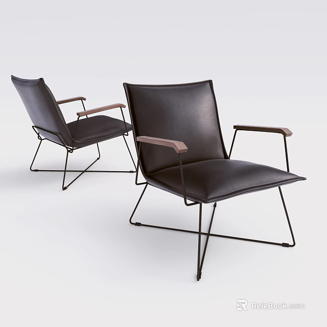 Stylish Modern Black Leather Leisure Chair With Wooden Armrests And Metal Frame Design 3d model 