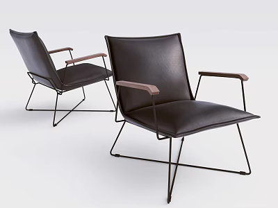 Stylish Modern Black Leather Leisure Chair With Wooden Armrests And Metal Frame Design 3d model