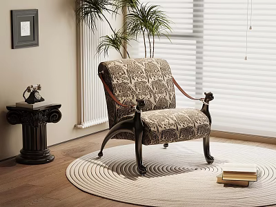 Ornate Floral Armchair With Wooden Frame On Round Rug And Potted Plant 3d model