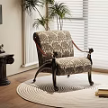 Ornate Floral Armchair With Wooden Frame On Round Rug And Potted Plant