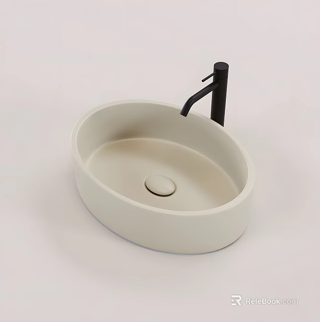 White Oval Washbasin with Black Faucet Sleek Modern Minimalist Bathroom Design 3d model 