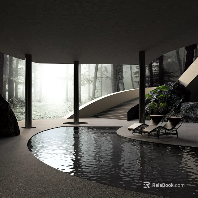 Tranquil Garden Landscape with Curved Pool Loungers Staircase and Columns in Forest Light 3d model 