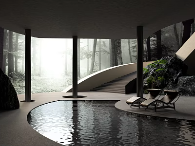 Tranquil Garden Landscape with Curved Pool Loungers Staircase and Columns in Forest Light 3d model
