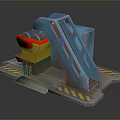 Mechanical Structure 3D Model With Blue Slide Yellow Components And Warning Striped Platform 3d model