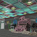 Cartoon Military Base Interior With Armored Vehicle Sandbags Metal Ceiling And Ventilation Fans