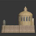 Historic Dome Building With Cross Yellow White Adjacent Buildings Stone Platform Wall And Small Tower