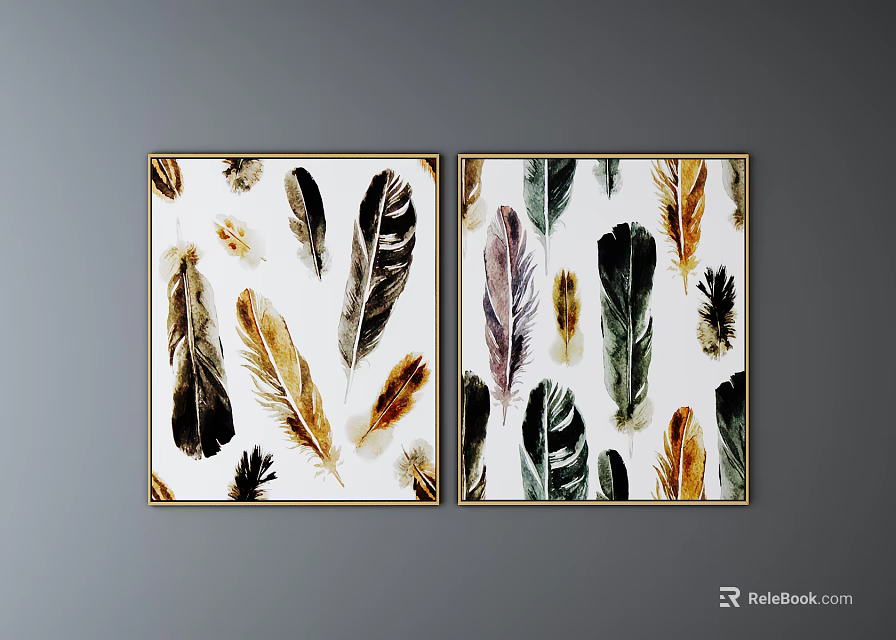 Modern Colorful Feather Wall Art With Golden Frames For Home Decor 3d model 