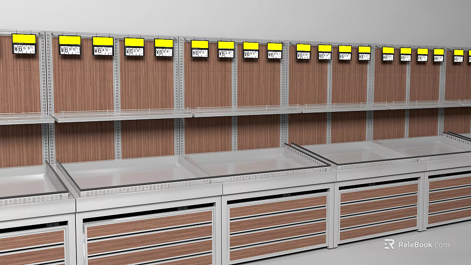 Wooden Display Shelves With Metal Frames Price Tags And Storage Drawers For Retail Store 3d model 