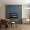 Modern Hotel Guest Room Featuring Light Wood Panel Wall White Floral Relief And Blue Headboard