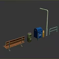 Orange Leisure Bench with Green and Blue Trash Bins Street Lamp and Railing Outdoor