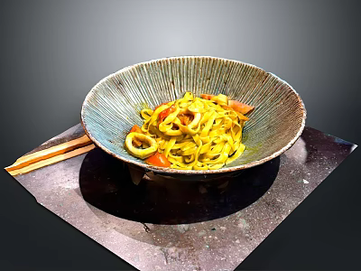 Yellow Noodles with Squid and Tomatoes in Textured Bowl and Chopsticks on Side 3d model