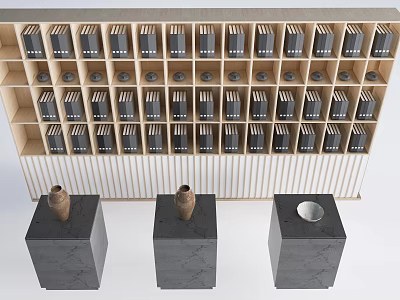 Modern Wooden Display Shelves With Multi Tiered Storage Compartments And Concrete Bases 3d model