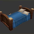 Rustic Wooden Bed Frame With Carved Headboard Blue Bedspread And White Pillows 3d model