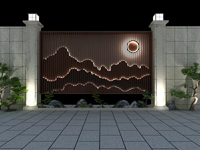 Scenic Wall with Brown Grille Mountain Pattern Circular Light Stone Pillar Lamps and Green Plants 3d model