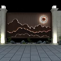 Scenic Wall with Brown Grille Mountain Pattern Circular Light Stone Pillar Lamps and Green Plants