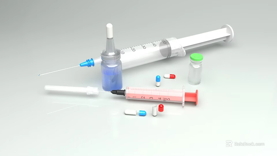 Medical Supplies Including Syringe Vial And Colorful Capsules On White Surface 3d model 