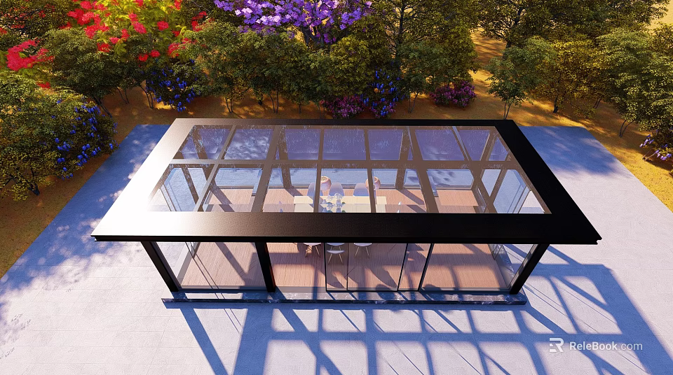 Modern Glass Roof Pergola with Surrounding Flowers Trees and Outdoor Relaxation Area 3d model 